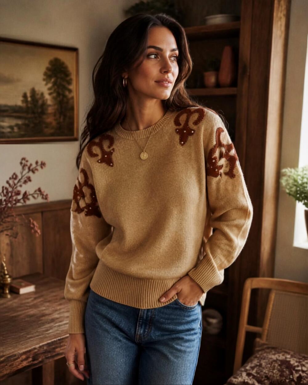 Vintage Angora Sweater L Lambswool Vivien Forest Rhinestone Suede Applique Camel